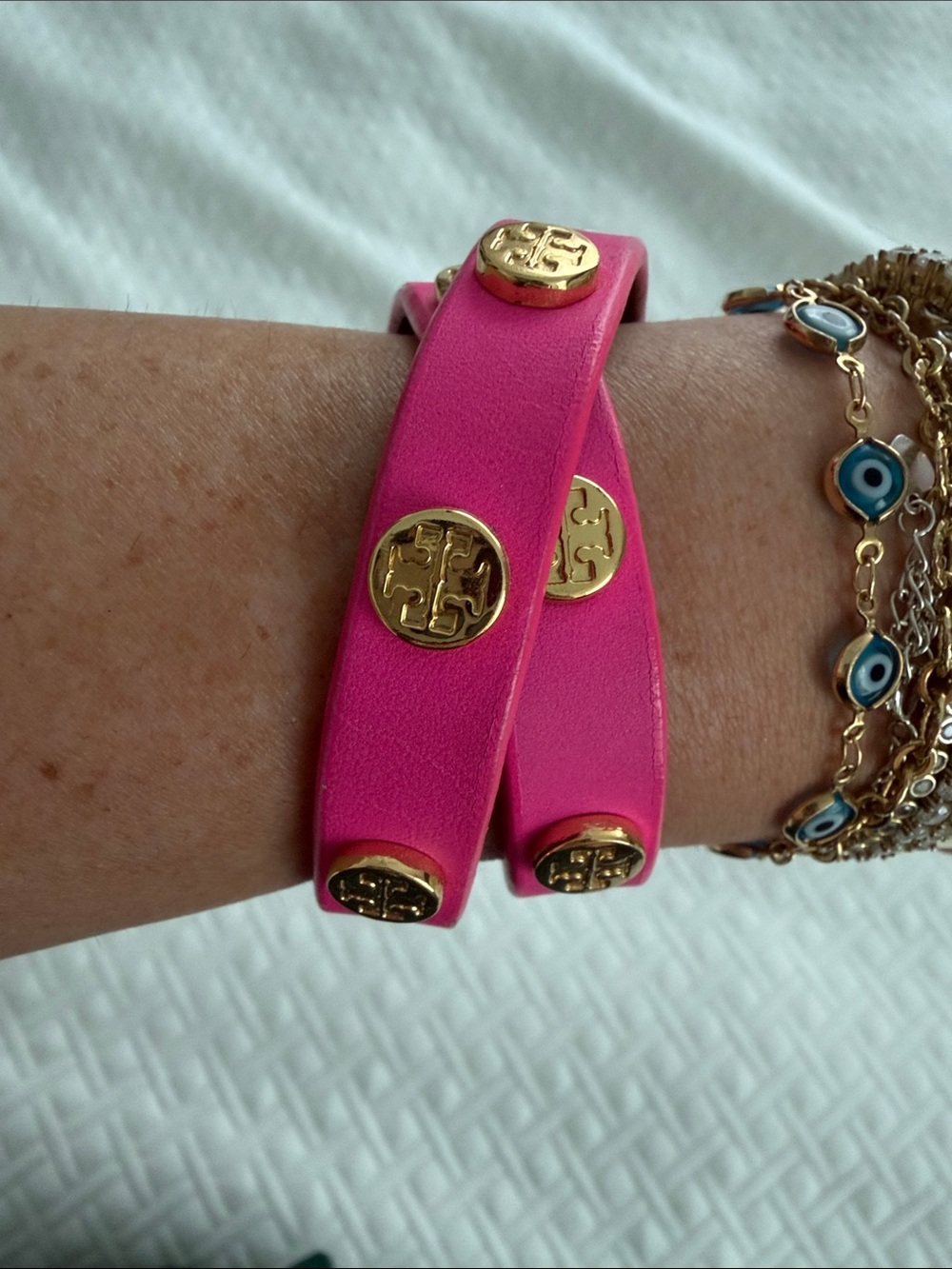 Tory Burch Hot Pink Double Wrap Leather Bracelet with Gold Logo Studs